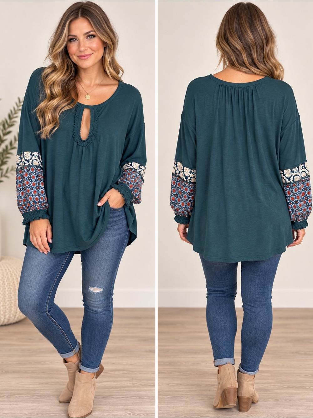 Suzanne Betro Teal Keyhole Tunic with Printed Balloon Sleeves